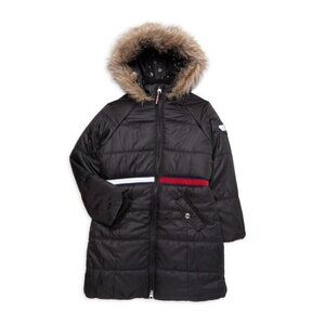 Tommy Hilfiger Girls Large 12-14 Black Puffer Coat Parka Faux Fur Hood Zip New